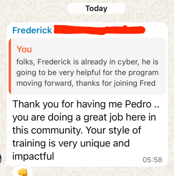 WhatsApp message from Fred to Pedro